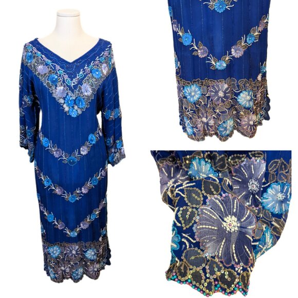 Vintage 70s Painted & Beaded Chiffon Dress from Germany Formal Prom Gown Sz L - Picture 1 of 16